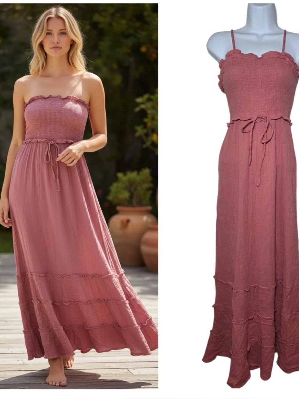 Sim & Sam Dusty Rose Tiered Ruffle Convertible Maxi Sun Dress Gauzy Cotton M
